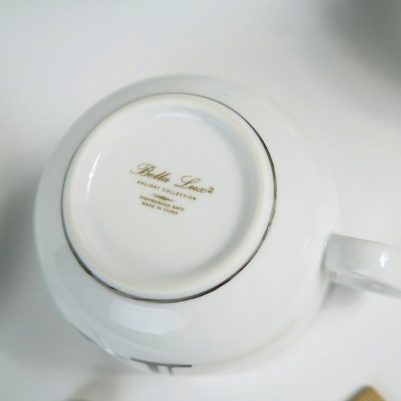 Bella Lux K Monogram Teacup, Saucer, & Spoon Holiday Collection White Silver - Picture 7 of 7